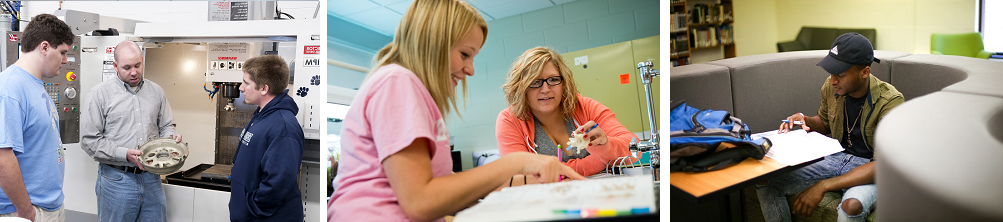 students on campus in library, biology lab and engineering lab